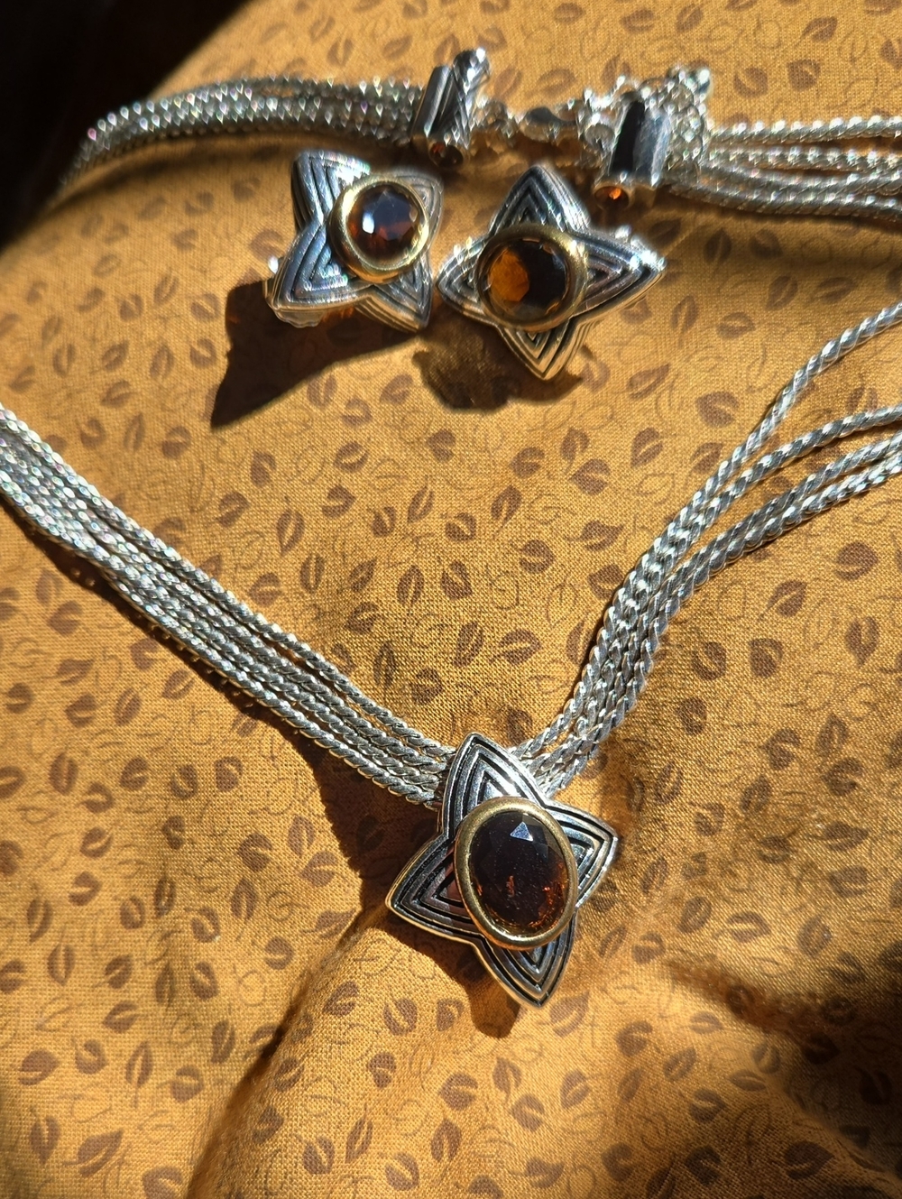 Avon ,Sterling Silver Layered Necklace and Stud Earrings Set with Brown Stone